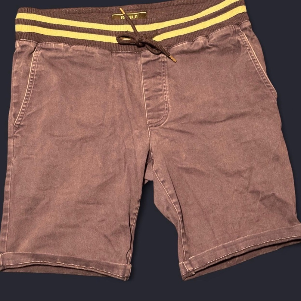 Brown Casual Shorts with Yellow Striped Waistband